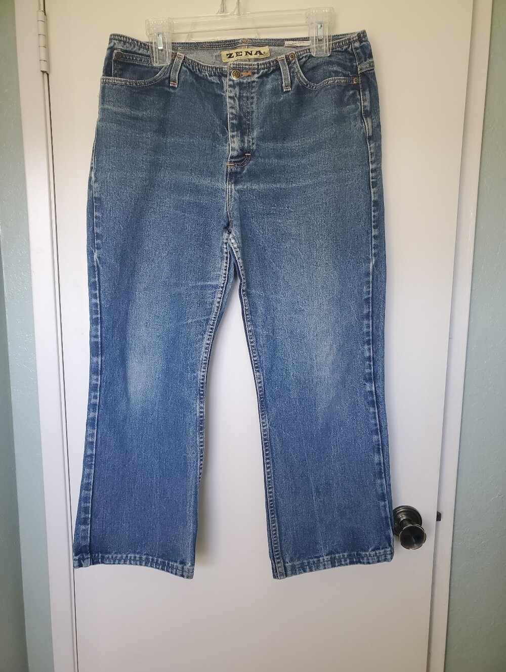 Vtg Zena Womans Straight Leg Jeans Fold-over Waistband 10 1/2" Rise Sz 14